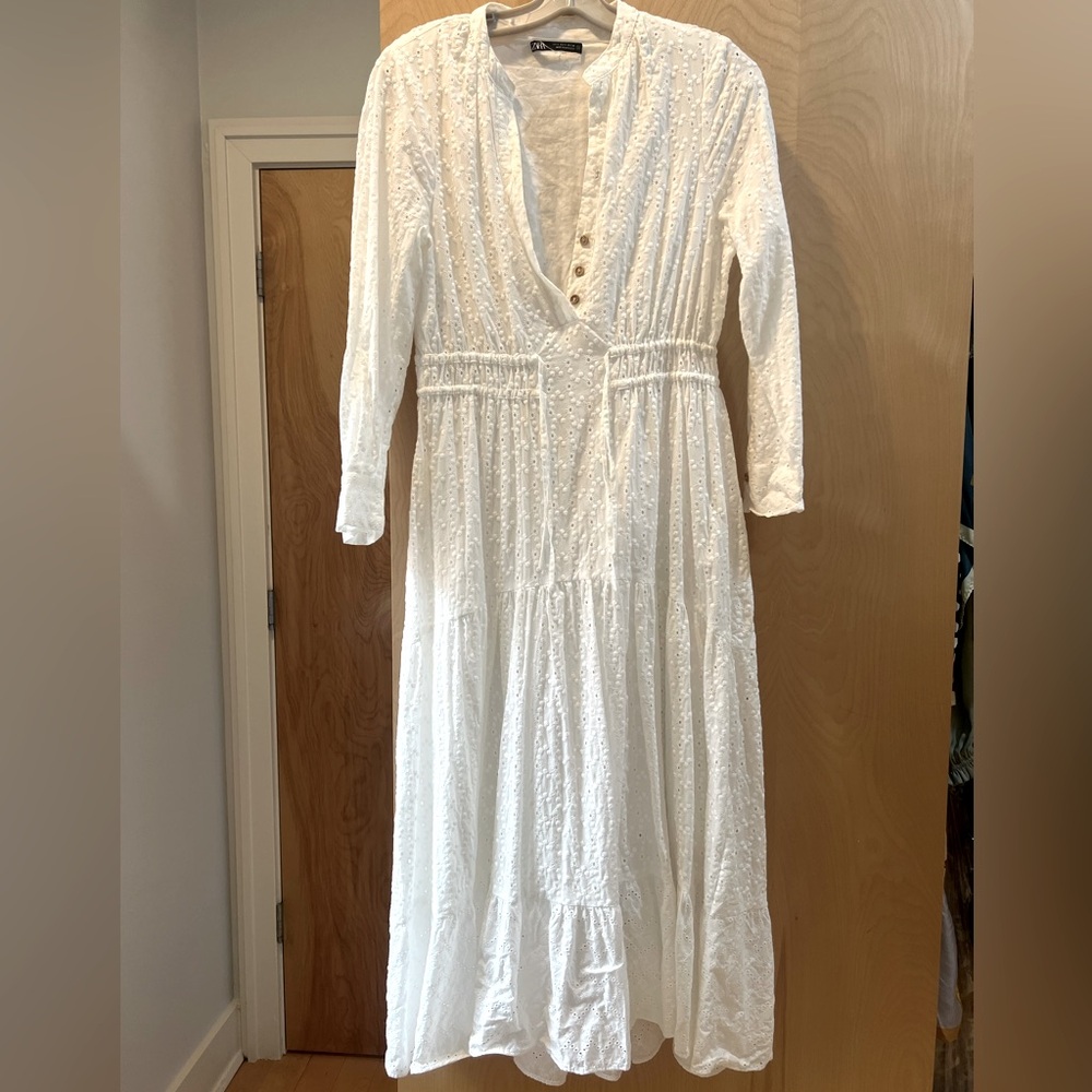 Zara Oyster White Embroidered Eyelet Combination Dress Midi